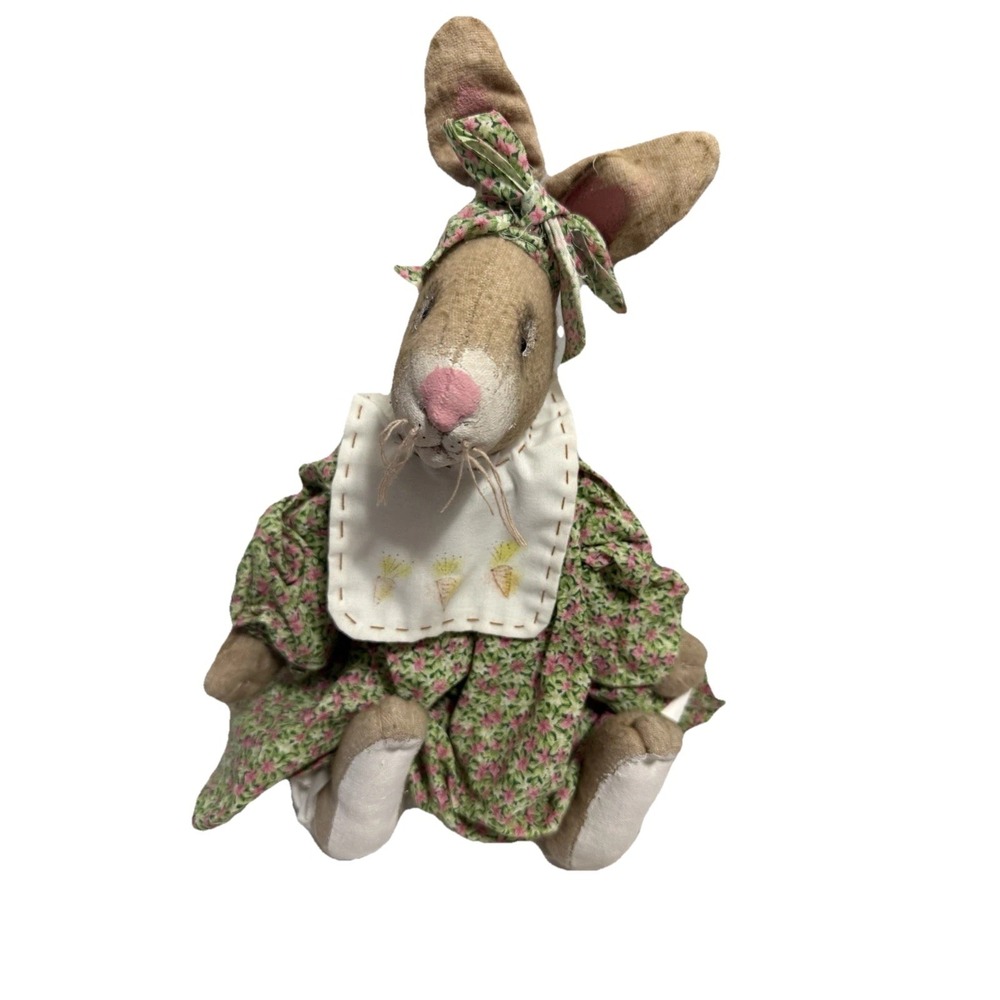 Vintage Style Easter Bunny Doll Floral Dress Primitive Spring Decor Cottagecore